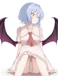 1girl :o absurdres arms_at_sides ascot bat_wings blue_hair blush cameltoe commentary_request constricted_pupils eyelashes frilled_shirt_collar frilled_skirt frilled_sleeves frills hair_between_eyes hair_intakes highres knees_up looking_down medium_hair no_headwear open_mouth paid_reward_available panties puffy_short_sleeves puffy_sleeves red_ascot red_eyes remilia_scarlet ribbon-trimmed_skirt ribbon_trim shirt short_sleeves simple_background sitting skirt slit_pupils solo szl touhou tsurime underwear variant_set white_background white_panties white_shirt white_skirt wings