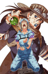 2boys beanie black_nails black_shirt blonde_hair blood blood_from_mouth blue_eyes blue_hat blue_hoodie blue_lips book_cover_redraw brown_hair brown_scarf clenched_hand clenched_teeth closed_eyes cowboy_hat derivative_work eyewear_on_headwear facial_hair fingernails fur_collar gyro_zeppeli hand_up hands_up hat highres hood hood_down hoodie horseshoe johnny_joestar jojo_no_kimyou_na_bouken kishimoto_masashi_(style) kneeling lipstick long_hair looking_at_viewer makeup male_focus multiple_boys nail_polish naruto_(series) naruto_shippuuden okazaki_johnny open_mouth outline pants print_hat print_pants scarf scratches shirt short_hair short_sleeves shouting star_(symbol) star_print steel_ball_(jojo) steel_ball_run teeth v-shaped_eyebrows wet white_background white_outline wrist_guards