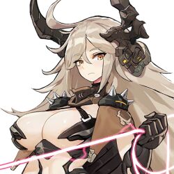 1girl ahoge areola_slip armor bikini_armor blonde_hair breasts brown_cape cape cleavage closed_mouth energy_whip eyebrows_hidden_by_hair fake_horns faucre_the_evil_overlord female_focus game_cg gauntlets hair_between_eyes hair_tuft head_ornament high_collar holding holding_weapon holding_whip horns large_breasts last_origin long_hair looking_at_viewer official_art one_(dnjsaos86) orange_eyes revealing_clothes shoulder_spikes spikes transparent_background upper_body weapon whip
