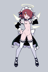 1girl areola_slip arknights bandaid bandaid_on_pussy bandaids_on_nipples belt belt_collar black_belt black_ribbon black_sleeves blush chinese_commentary collar commentary_request detached_sleeves detached_wings energy_wings exusiai_(arknights) frilled_thighhighs frills full_body grey_background hair_over_one_eye halo hand_on_own_hip hand_up highres hydrogina looking_at_viewer maid_headdress navel no_pupils open_mouth parody pasties red_eyes red_hair ribbon ringed_eyes smile solo style_parody thighhighs traditional_halo vanripper_(style) white_thighhighs white_wrist_cuffs wings wrist_cuffs