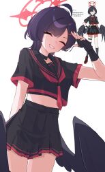 1girl absurdres alternate_costume alternate_hairstyle arm_behind_back black_choker black_gloves black_hair black_sailor_collar black_serafuku black_shirt black_shoes black_skirt black_socks black_thighhighs black_wings blue_archive blush choker closed_eyes cropped_shirt fingerless_gloves gloves grin hand_on_own_hip high-waist_skirt highres ichika_(blue_archive) kneehighs neckerchief purple_hair red_neckerchief sailor_collar salute school_uniform serafuku shirt shoes short_hair single_kneehigh single_sock single_thighhigh skirt smile socks solo tah_noey thigh_strap thighhighs wings