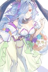 Rule 34 | 1girl, :o, animal ears, bare shoulders, basket, breasts, cleavage, commentary request, detached collar, detached sleeves, eitr (fire emblem), eitr (spring) (fire emblem), fake animal ears, fire emblem, fire emblem heroes, gloves, hair over one eye, highres, holding, holding basket, jnsghsi, large breasts, leotard, long hair, looking at viewer, nintendo, official alternate costume, one eye covered, pantyhose, playboy bunny, rabbit ears, red eyes, solo, very long hair, white gloves, white pantyhose
