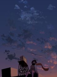 Rule 34 | 1girl, :o, atmospheric perspective, black eyes, black shoes, brown hair, building, cloud, cloudy sky, fireworks, from below, highres, hisachan55cute, mask, mouth mask, multicolored shirt, no humans, original, pixel art, red scarf, scarf, scenery, shirt, shoes, short hair, silhouette, sitting on building, sky, sky focus, sleeves rolled up, solo, sunset, upper body, water tower, white shirt