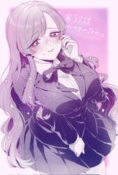 1girl aged_down blush breasts flower h6nmi hair_flower hair_ornament hanazono_hahari highres kimi_no_koto_ga_dai_dai_dai_dai_daisuki_na_100-nin_no_kanojo large_breasts long_hair looking_at_viewer mole mole_under_eye pink_hair pink_theme ringlets school_uniform solo translation_request very_long_hair watermark