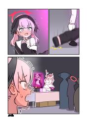 1boy 2girls 2others @_@ absurdres android_(blue_archive) doodle_sensei_(blue_archive) assault_rifle black_choker black_wings blue_archive blush book box cardboard_box choker comic commentary_request convention cover cover_page crying crying_with_eyes_open doujin_cover falling feathered_wings full-face_blush gameplay_mechanics gun hair_between_eyes halo hat head_wings highres justice_task_force_member_(blue_archive) kneehighs koharu_(blue_archive) lineup long_hair long_sleeves looking_at_viewer manga_(object) multiple_girls multiple_others nako775 pink_eyes pink_hair pleated_skirt poster_(object) queue rifle school_hat school_uniform sensei_(blue_archive) serafuku sidelocks silent_comic silhouette skirt socks spaghetti_strap surprised table tears translation_request traumatized trembling twintails weapon white_socks wings