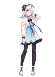 1girl aqua_skirt arm_up asumi_ririse beret black_choker black_pantyhose blue_bow blue_eyes blue_gemstone blue_nails bow breasts choker choppy_bangs constellation_print crescent dot_nose frilled_skirt frills full_body gem grey_hair hat hat_bow high-waist_skirt highres jewelry light_blush looking_at_viewer medium_hair miniskirt pantyhose parted_lips purple_gemstone see-through_clothes see-through_sleeves shiromikan shirt shoelaces shoes side_part simple_background skirt small_breasts sneakers solo standing star_(symbol) voicepeak white_hat white_shirt white_shoes