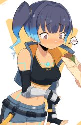 Rule 34 | 1girl, black gloves, black hair, black sports bra, blue hair, blue shorts, blue vest, blush, body markings, breasts, brown eyes, closed mouth, commentary, cowboy shot, crop top, denim, denim shorts, denim vest, fiery hair, fingerless gloves, gloves, gradient hair, highres, jellcaps, looking at food, medium breasts, multicolored hair, navel, open clothes, open vest, out of frame, sena (xenoblade), short shorts, shorts, side ponytail, solo focus, spoken blush, sports bra, symbol-only commentary, vest, white background, xenoblade chronicles (series), xenoblade chronicles 3, yellow trim