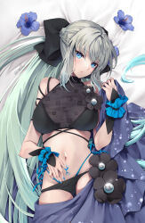 1girl akatsuki_hijiri bare_shoulders bikini black_bikini black_bow blue_eyes blush bow braid breasts bridal_gauntlets fate/grand_order fate_(series) flower grey_hair hair_bow highres large_breasts long_hair looking_at_viewer lying morgan_le_fay_(fate) navel on_back ponytail sidelocks solo stomach_tattoo swimsuit tattoo very_long_hair wrist_cuffs