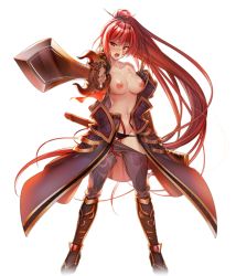 1girl armor black_boots black_panties boots breasts clothes_pull collarbone faulds floating_hair full_body game_cg gluteal_fold grey_pants groin hair_ornament hairpin high_ponytail holding holding_sheath holding_sword holding_weapon knee_boots large_breasts long_hair looking_at_viewer navel nipples official_art open_mouth panties pants pants_pull panty_pull ponytail red_eyes red_hair sheath solo sword thigh_gap tokimeki_general_girls_x transparent_background underwear unsheathed very_long_hair warrior weapon zhou_tai_(tokimeki_general_girls_x)
