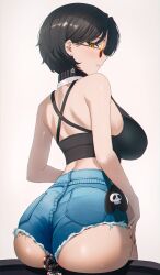 Rule 34 | 1girl, absurdres, arched back, ass, back, bare arms, bare shoulders, between buttocks, black hair, black shirt, blue shorts, breasts, commission, cutoffs, denim, denim shorts, earrings, from behind, grin, halterneck, high-waist shorts, highres, jewelry, large breasts, looking at viewer, looking back, median furrow, mole, mole under eye, original, poker chip, profile, rega, shirt, short hair, short shorts, shorts, sitting, sleeveless, sleeveless shirt, smile, solo, sunglasses, yellow eyes