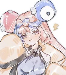 1girl bow-shaped_hair c0smi5 character_hair_ornament fake_hair_bun gen_1_pokemon hair_ornament hexagon_print iono_(pokemon) jacket magnemite multicolored_hair nintendo oversized_clothes pink_hair pokemon pokemon_sv sharp_teeth sleeves_past_fingers sleeves_past_wrists split-color_hair teeth tongue tongue_out two-tone_hair very_long_sleeves white_background x yellow_jacket