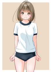 1girl antenna_hair black_buruma border brown_background brown_hair buruma gym_uniform looking_at_viewer original outside_border shirt simple_background solo standing white_border white_shirt yamanaka_kouji_(yanchiki2001)