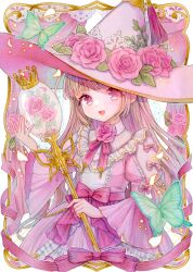 Rule 34 | 1girl, :d, blush, border, bow, brown hair, bug, butterfly, commentary request, dress, flower, green butterfly, hat, highres, holding, holding wand, insect, long hair, long sleeves, looking at viewer, neck ribbon, open mouth, original, outside border, painting (medium), pink dress, pink eyes, pink flower, pink hat, pink rose, red bow, red ribbon, ribbon, rose, smile, solo, traditional media, upper body, waist bow, wand, watercolor (medium), white border, wide sleeves, witch, witch hat, yachi waki