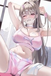 1girl absurdres armpits arms_up bare_shoulders black_hairband blonde_hair blush breasts brown_hair choker cleavage goddess_of_victory:_nikke hair_ornament hairband highres horns large_breasts long_hair looking_at_viewer midriff mole mole_under_eye navel one_eye_closed pink_eyes pink_shorts pink_sports_bra ponytail puma_(brand) red_eyes shorts solo sports_bra sportswear thighs uyuri_(89976220) viper_(nikke) wristband