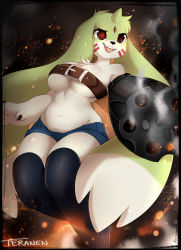 1girl belt digimon galgomon highres horn shorts thighhighs