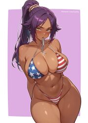 Rule 34 | 1girl, absurdres, american flag, american flag bikini, american flag print, artist name, bare shoulders, bikini, bleach, breasts, collarbone, dark-skinned female, dark skin, female focus, flag print, flag print bikini, fourth of july, hair ornament, highres, large breasts, long hair, parted bangs, patreon username, ponytail, print bikini, purple hair, reus (cetta), shihouin yoruichi, shiny skin, swimsuit, thighs, yellow eyes