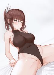 1girl bare_shoulders black_leotard blush breasts brown_hair cameltoe closed_mouth collarbone covered_navel crown hair_ornament heart heart-shaped_pupils highleg highleg_leotard highres impossible_clothes impossible_leotard large_breasts leotard liz_(nin_fake) nin_fake original partially_visible_vulva ponytail red_eyes short_ponytail sidelocks simple_background sitting smile solo spread_legs symbol-shaped_pupils thighs