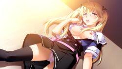 1girl black_dress black_ribbon black_thighhighs blonde_hair blue_dress blush breasts buttons crotch_seam double-breasted dress dutch_angle fanny_pack game_cg grisaia_(series) grisaia_no_kajitsu hair_ribbon highres long_hair looking_at_viewer matsushima_michiru medium_breasts nipples non-web_source open_clothes open_shirt panties pink_bag pink_panties ribbon sailor_collar saliva school_uniform shirt short_sleeves sleeveless sleeveless_dress solo standing strap_slip thighhighs two-tone_dress underwear upskirt variant_set watanabe_akio white_sailor_collar white_shirt