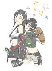 2girls bare_shoulders black_hair black_skirt black_sports_bra black_thighhighs breasts brown_eyes camo_niku commentary_request cowboy_shot crop_top earrings elbow_gloves final_fantasy final_fantasy_vii final_fantasy_vii_rebirth final_fantasy_vii_remake fingerless_gloves gloves green_sweater headband jewelry long_hair looking_at_viewer low-tied_long_hair medium_breasts midriff miniskirt multiple_girls navel parted_lips pink_lips red_eyes short_hair shorts simple_background single_arm_guard single_earring skirt sleeveless sleeveless_turtleneck smile sports_bra star_(symbol) suspender_skirt suspenders sweater swept_bangs tank_top thighhighs tifa_lockhart turtleneck turtleneck_sweater twitter_username white_background white_tank_top yuffie_kisaragi zettai_ryouiki