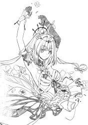 absurdres armpits arms_up asymmetrical_gloves breasts castorice_(honkai:_star_rail) cleavage closed_mouth commentary_request cropped_torso ddal dot_mouth elbow_gloves flower forehead_jewel gloves greyscale hair_flower hair_ornament highres honkai:_star_rail honkai_(series) looking_at_viewer medium_breasts mismatched_gloves monochrome pointy_ears simple_background sketch white_background
