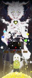 1boy absurdres animal_ears ao_gravity asriel_dreemurr asriel_dreemurr_(god_of_hyperdeath) claws commentary_request fangs flower furry furry_male glowing glowing_eyes goat_boy goat_ears goat_horns grin heart highres horns looking_at_viewer male_focus multiple_forms open_mouth petals smile star_(symbol) undertale yellow_eyes