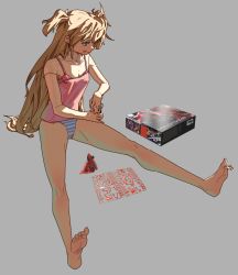 1girl admiral_hipper_(azur_lane) assembling azur_lane bad_id bad_pixiv_id bare_arms bare_legs barefoot blonde_hair box bra bra_strap breasts char&#039;s_counterattack cleavage closed_mouth commentary english_commentary feet figure full_body green_eyes gundam highres legs_apart long_hair mandrew mole mole_under_eye panties pink_bra pink_top sazabi sitting small_breasts smile soles solo sprue strap_slip striped_clothes striped_panties tongue tongue_out two_side_up underwear very_long_hair