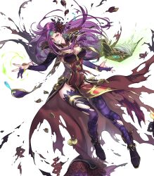 1girl alternate_costume ankle_boots book boots breasts cape capelet clenched_teeth dress female_focus fire_emblem fire_emblem_echoes:_shadows_of_valentia fire_emblem_heroes floating floating_object gloves gold_trim hair_ornament highres jewelry lips long_hair makeup matching_hair/eyes medium_breasts nintendo non-web_source official_alternate_costume official_art open_book pale_skin paper parted_lips pelvic_curtain purple_eyes purple_hair shiny_clothes solo sonya_(fire_emblem_gaiden) suzuki_rika teeth thighhighs thighs tiara torn_cape torn_clothes torn_footwear torn_paper torn_thighhighs transparent_background