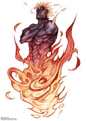 1boy abs adam&#039;s_apple beard black_skin blank_eyes character_request check_copyright colored_sclera colored_skin copyright_request cropped_torso crossed_arms facial_hair fiery_hair fire from_below frown full_beard genie highres looking_ahead male_focus muscular muscular_male mutton_chops nude pectoral_lift pectorals pyrokinesis red_sclera short_hair solo stomach tattoo thick_neck v-taper yi_lee