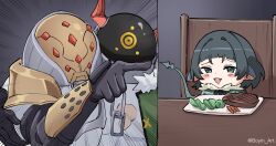 1girl 2boys animal_ears arm_around_back armor black_hair blush_stickers boyin chibi chibi_inset earrings emphasis_lines food fur_collar furrowed_brow gloves green_eyes helm helmet highres jane_doe_(zenless_zone_zero) jewelry meme mouse_ears multiple_boys open_mouth pointing razor_(zenless_zone_zero) smile stud_earrings tail twitter_username woman_yelling_at_cat_(meme) zenless_zone_zero