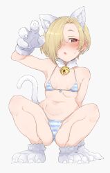 1girl absurdres animal_ears animal_hands asymmetrical_bangs bare_legs bell bikini blonde_hair blush cat_ears cat_tail commentary detached_collar earclip earrings fake_animal_ears fake_tail full_body gloves hair_over_one_eye highres idolmaster idolmaster_cinderella_girls jewelry loli looking_at_viewer m_legs micro_bikini multicolored_bikini navel neck_bell one_eye_covered paw_gloves paw_shoes shirasaka_koume short_hair simple_background solo spread_legs squatting stomach string_bikini striped_bikini striped_clothes stud_earrings swimsuit tail two-tone_bikini wasabijoyu76 white_background