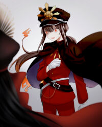 1boy 1girl black_hair black_hat brother_and_sister commentary_request fate/grand_order fate_(series) fiery_hair gloves hat highres long_hair military_hat military_uniform oda_nobukatsu_(fate) oda_nobunaga_(fate) oda_nobunaga_(koha-ace) open_mouth orange_eyes ponytail siblings smile suzuakks very_long_hair white_gloves
