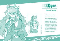 1girl absurdres animal_ears asymmetrical_clothes belt blue_theme bow bowtie character_profile cyan_(horse_race_tests) frostfiresoul fur_trim hair_bow hair_ribbon highres horse_ears horse_race_tests long_hair midriff ribbon serious shirt shorts side_cape sketch tassel