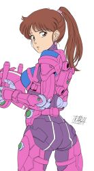 1girl anice_farm armor ass bodysuit brown_eyes brown_hair chouon_senshi_borgman earrings highres jewelry kabashima_yousuke long_hair looking_at_viewer open_mouth pink_bodysuit power_armor simple_background solo white_background