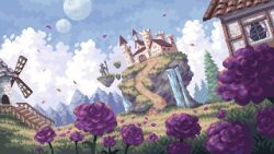 1boy architecture blue_sky building castle cloud cloudy_sky day european_architecture fantasy floating_rock flower grass highres house hydrangea knight landscape leaf moon mountainous_horizon original outdoors pine_tree pixel_art planet railing scenery scilex sky stairs tree very_wide_shot water waterfall windmill
