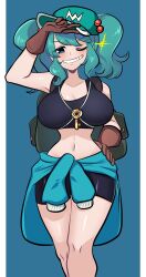 Rule 34 | 1girl, absurdres, black shorts, black tank top, blue background, blue eyes, blue jacket, breasts, brown gloves, clothes around waist, commentary request, feet out of frame, flat cap, gloves, hair bobbles, hair ornament, hat, highres, jacket, jacket around waist, kawashiro nitori, key, large breasts, legs, looking at viewer, missandydandy, navel, one eye closed, shorts, simple background, smile, solo, tank top, touhou, two side up