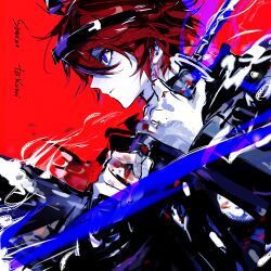 1boy aura black_jacket blood blood_on_clothes blood_on_gloves character_name chinese_commentary closed_mouth color_contrast commentary commentary_request gakuran gloves hanaseto hands_up highres holding holding_sword holding_weapon jacket katana last_defense_academy_school_uniform long_sleeves looking_ahead male_focus portrait profile purple_eyes red_background red_hair school_uniform serious short_hair solo sumino_takumi sword symbol-only_commentary the_hundred_line_-last_defense_academy- two-handed very_short_hair weapon white_gloves