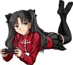 1girl :3 black_skirt black_thighhighs fate/stay_night fate_(series) feet female_focus game_console green_eyes hair_ornament no_shoes playstation_2 ribbon simple_background skirt solo sweater thighhighs tohsaka_rin twintails