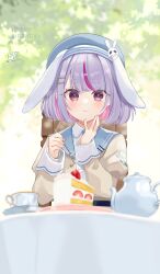 1girl animal_ears beret blue_hat blurry blurry_background brown_eyes brown_jacket cake cake_slice closed_mouth collared_shirt commentary_request cup dated depth_of_field food fork fruit hands_up happy_birthday hat highres holding holding_fork jacket juliet_sleeves long_sleeves multicolored_hair pink_hair puffy_sleeves purple_hair rabbit_ears rino_cnc shirt smile solo strawberry streaked_hair table teacup teapot tosaki_mimi twitter_username two-tone_hair upper_body virtual_youtuber vspo! white_shirt