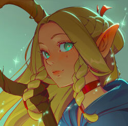 1girl absurdres ambrosia_(dungeon_meshi) blonde_hair braid braided_sidelocks choker commentary crown_braid dungeon_meshi english_commentary green_background green_eyes highres marcille_donato pointy_ears portrait profile red_choker smile solo staff vickypyon