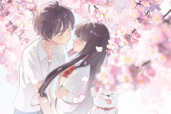 1boy 1girl animal_collar black_hair blush bow bowtie cherry_blossoms closed_eyes closed_mouth collar couple dog facing_another hand_on_own_chest harutatsunoki imminent_kiss kazehaya_shouta kimi_ni_todoke kuronuma_sawako light_smile long_hair outdoors red_bow red_bowtie shirt short_hair short_sleeves white_shirt