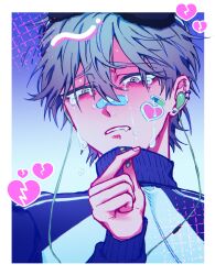 1boy absurdres alien_stage bandaid bandaid_on_face bandaid_on_nose blue_jacket border broken_heart commentary crying crying_with_eyes_open ear_piercing earphones earrings english_commentary grey_hair heart highres jacket jewelry male_focus official_alternate_costume piercing portrait shinumeru short_hair solo sticker_on_face tears till_(alien_stage) white_border zipper_pull_tab