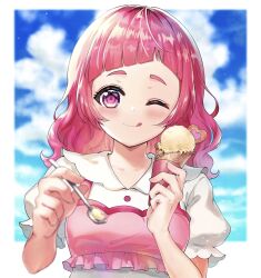 1girl blue_sky blush border cloud collared_shirt food highres holding holding_food holding_ice_cream holding_spoon hugtto!_precure ice_cream long_hair muginome_(bakuga_chan2) nono_hana one_eye_closed pink_hair pink_shirt precure shirt sky smile solo spoon tongue tongue_out white_border white_shirt