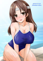 1girl barefoot blue_one-piece_swimsuit breasts brown_eyes brown_hair chiyoda_(kancolle) cleavage collarbone competition_school_swimsuit headband highres kamiya_tadato kantai_collection kneeling large_breasts leaning_forward long_hair one-hour_drawing_challenge one-piece_swimsuit school_swimsuit solo swimsuit twitter_username