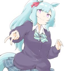 1girl akara_kai animal_ears black_cardigan blue_hair blush braid breasts cardigan green_skirt horse_ears horse_girl horse_tail long_hair long_sleeves looking_at_viewer medium_breasts mejiro_ardan_(umamusume) neckerchief pleated_skirt purple_eyes sailor_collar school_uniform serafuku shirt skirt smile solo tail umamusume upper_body white_background white_shirt
