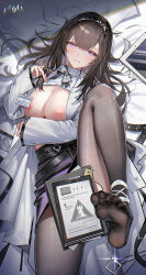 1girl absurdres arknights bed black_pantyhose blush breasts breasts_out brown_hair chinese_commentary clipboard clothes_lift coat commentary_request convenient_censoring feet film_grain foot_out_of_frame foot_up hair_spread_out hand_up heavy_film_grain highres huade_xiami large_breasts long_hair looking_at_viewer lying nipples on_back on_bed pantyhose parted_lips pillow priestess_(arknights) purple_eyes purple_skirt shirt shirt_lift skirt skirt_lift smile soles solo tablet_pc toes white_coat white_shirt