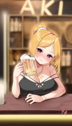 1girl absurdres aki_rosenthal alcohol alternate_costume alternate_hairstyle armpit_crease bare_arms bare_shoulders beer black_nails black_shirt blonde_hair blurry blurry_background blush bracelet breasts character_name cleavage cleavage_cutout closed_mouth clothing_cutout commentary cup double_strap_slip earrings hair_bun hand_up head_tilt highres holding holding_cup hololive indoors jewelry large_breasts light_smile looking_at_viewer nail_polish necklace parted_bangs purple_eyes shirt short_hair single_hair_bun sleeveless sleeveless_shirt solo straight-on strap_slip tasty_(dudwofla) tavern virtual_youtuber