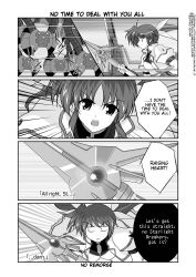 Rule 34 | 00s, 1girl, comic, english text, fingerless gloves, gloves, greyscale, hard-translated, jacket, lyrical nanoha, magazine (weapon), magical girl, mahou shoujo lyrical nanoha, mahou shoujo lyrical nanoha strikers, mikage takashi, monochrome, open clothes, open jacket, raising heart, raising heart (exceed mode), takamachi nanoha, takamachi nanoha (exceed mode), third-party edit, translated, twintails, white devil