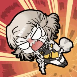 1girl anger_vein angry animated animated_gif black_shirt black_shoes blank_eyes blush chibi chibi_only clenched_hands coat commentary_request erma_(girls&#039;_frontline) full_body girls&#039;_frontline lowres madcore medium_hair midair motion_lines parted_bangs shirt shoes solo thigh_strap v-shaped_eyebrows v-shaped_eyes white_coat white_hair