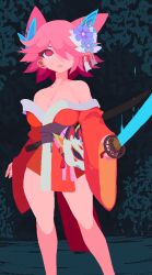 1girl absurdres animated animated_gif bare_shoulders breasts dark_background energy_sword flower fox_mask furisode_sleeves hair_flower hair_ornament hair_over_one_eye highres holding holding_sword holding_weapon imasiphy japanese_clothes kimono mask medium_breasts medium_hair original pink_hair pixel_art red_kimono revealing_clothes scabbard sheath solo swaying sword weapon