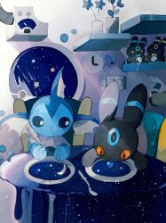 alternate_color animal_focus blue_bow blue_bowtie blue_eyes blue_theme blue_tongue bow bowl bowtie bright_pupils brown_eyes character_doll clock colored_sclera colored_tongue commentary creatures_(company) crescent eating fins food game_freak gen_1_pokemon gen_2_pokemon head_fins holding holding_spoon indoors leaf li04r licking looking_at_another looking_down night night_sky nintendo no_humans on_chair orange_sclera plant pokemon pokemon_(creature) potted_plant shelf shiny_pokemon sitting sky soup spoon star_(sky) star_(symbol) surreal table tablecloth tongue tongue_out umbreon upper_body vaporeon wall_clock window yellow_bow yellow_bowtie